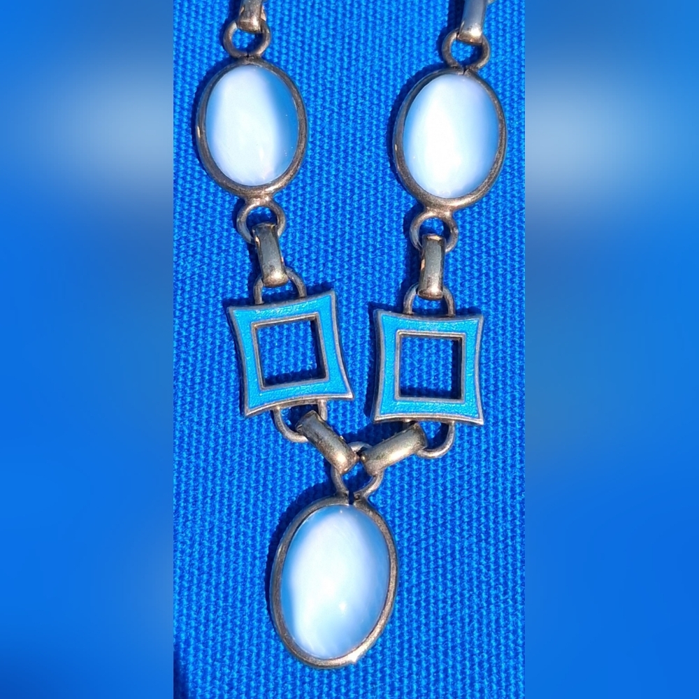 Blue Moonstone & Amco Stamped Silver Geometric Necklace art deco vintage - Picture 5 of 5